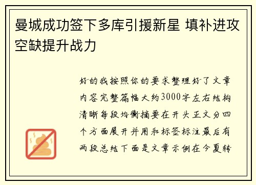 曼城成功签下多库引援新星 填补进攻空缺提升战力