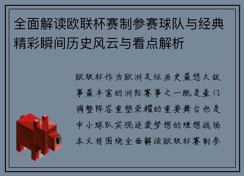 全面解读欧联杯赛制参赛球队与经典精彩瞬间历史风云与看点解析